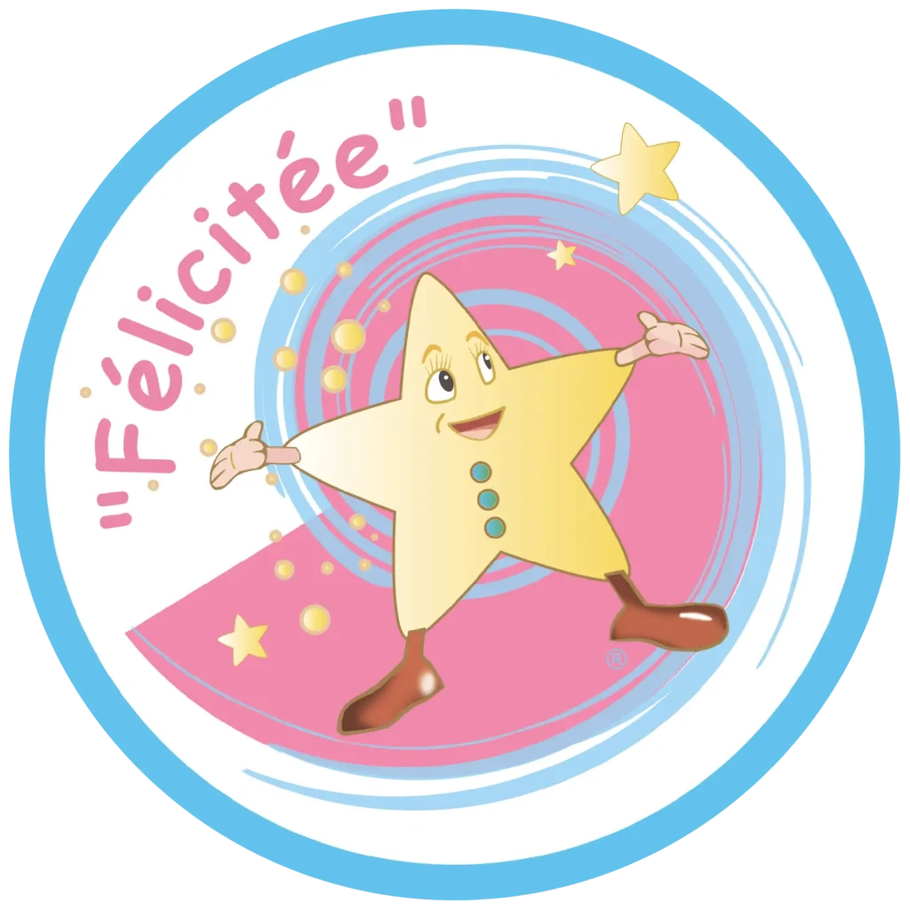 Logo circulaire de « Félicitée » représentant une étoile jaune anthropomorphe avec un visage souriant et les bras ouverts, entourée d'une spirale rose et bleue et de petites étoiles.