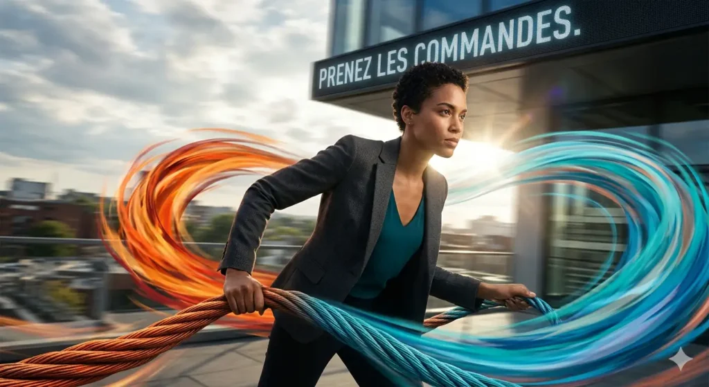 une femme qui prend une corde virtuelle en main