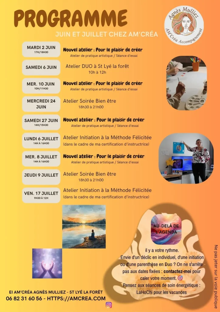 Programme d'ateliers des mois de juin et juillet chez AM'Créa